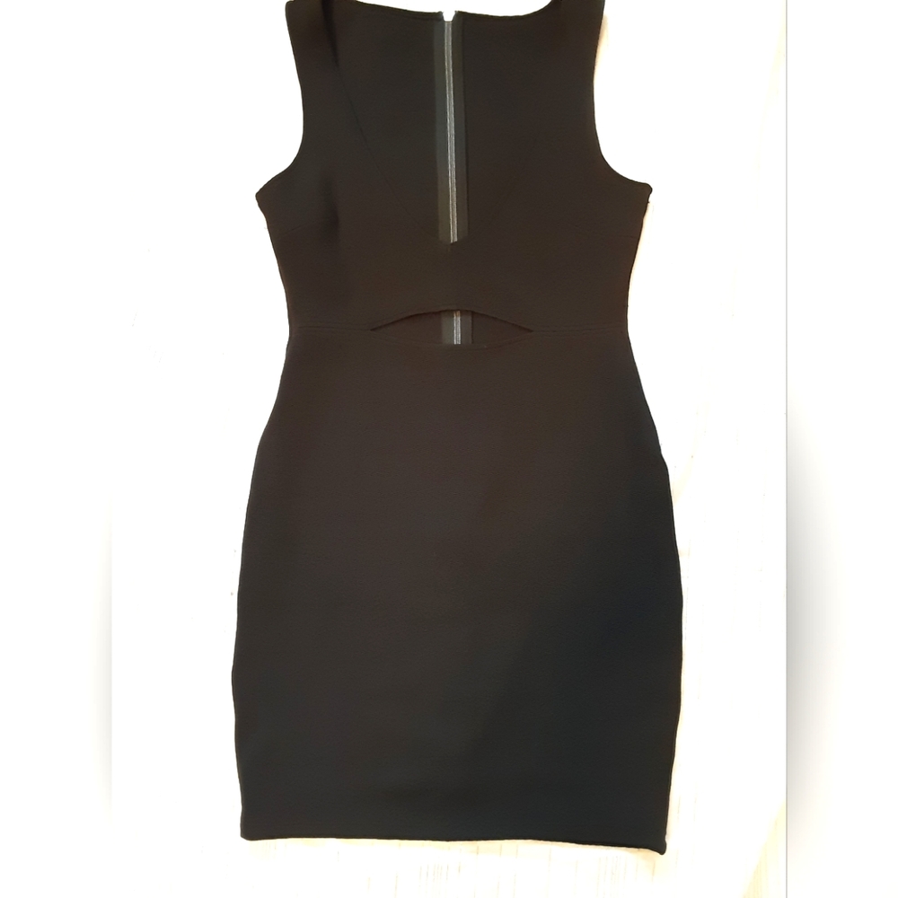 Little Black Sleeveless Dress with stomach Cutout and gold back zipper.